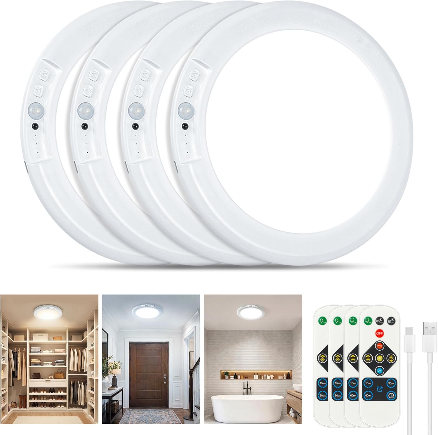 Rechargeable Ceiling Light 4 Pack, Magnetic Motion Sensor Ceiling Lights with Remote, Wireless Dimmable Closet Light Battery Operated, LED Ceiling Light for Bathroom Hallway Pantry Shed Porch Stairs