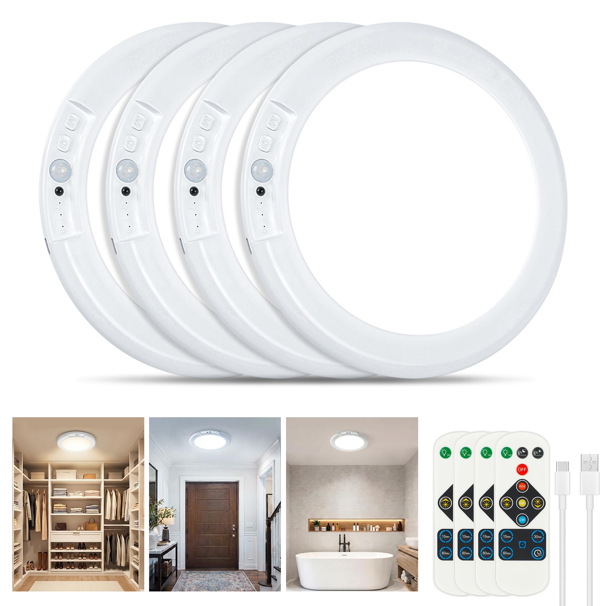 Photo 1 of Rechargeable Ceiling Light 4 Pack, Magnetic Motion Sensor Ceiling Lights with Remote, Wireless Dimmable Closet Light Battery Operated, LED Ceiling Light for Bathroom Hallway Pantry Shed Porch Stairs
