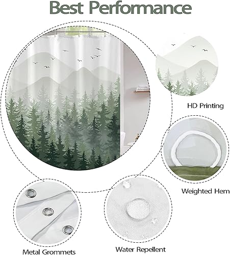 Miniatura 6 de Aipon Cortina de ducha verde con bosque brumoso, plantas de árbol natural, cortinas de ducha de tela impermeable, juego de cortinas de ducha de