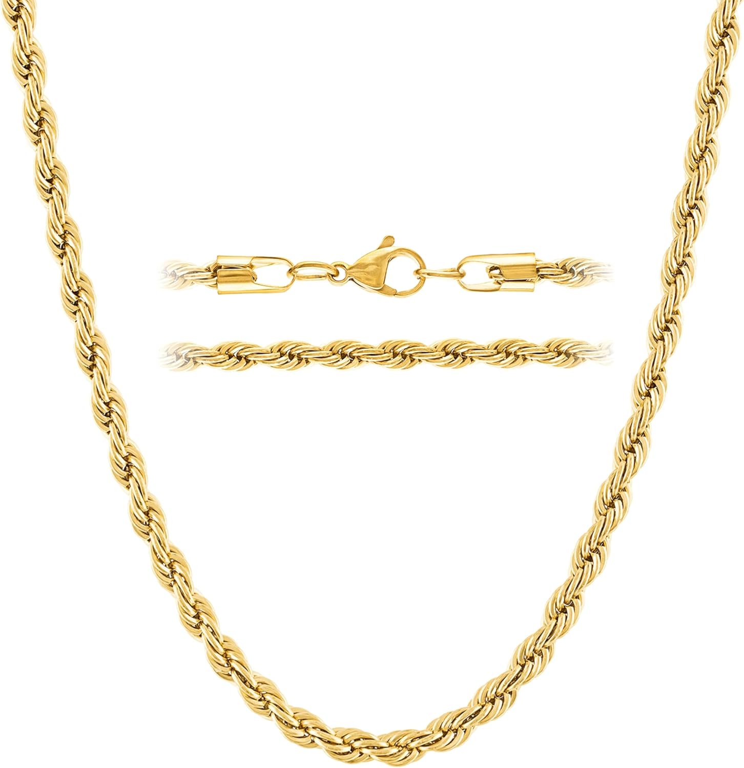 KISPER 18k Gold Hip Hop Rope Chain Necklace – Gold Plated Stainless Steel Jewelry for Women & Men with Lobster Clasp