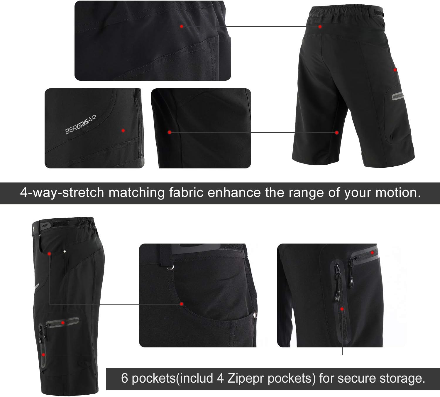 BERGRISAR Mens Mountain Bike Shorts & Cycling Jersey Half Zipper Road Bicycle Shirt