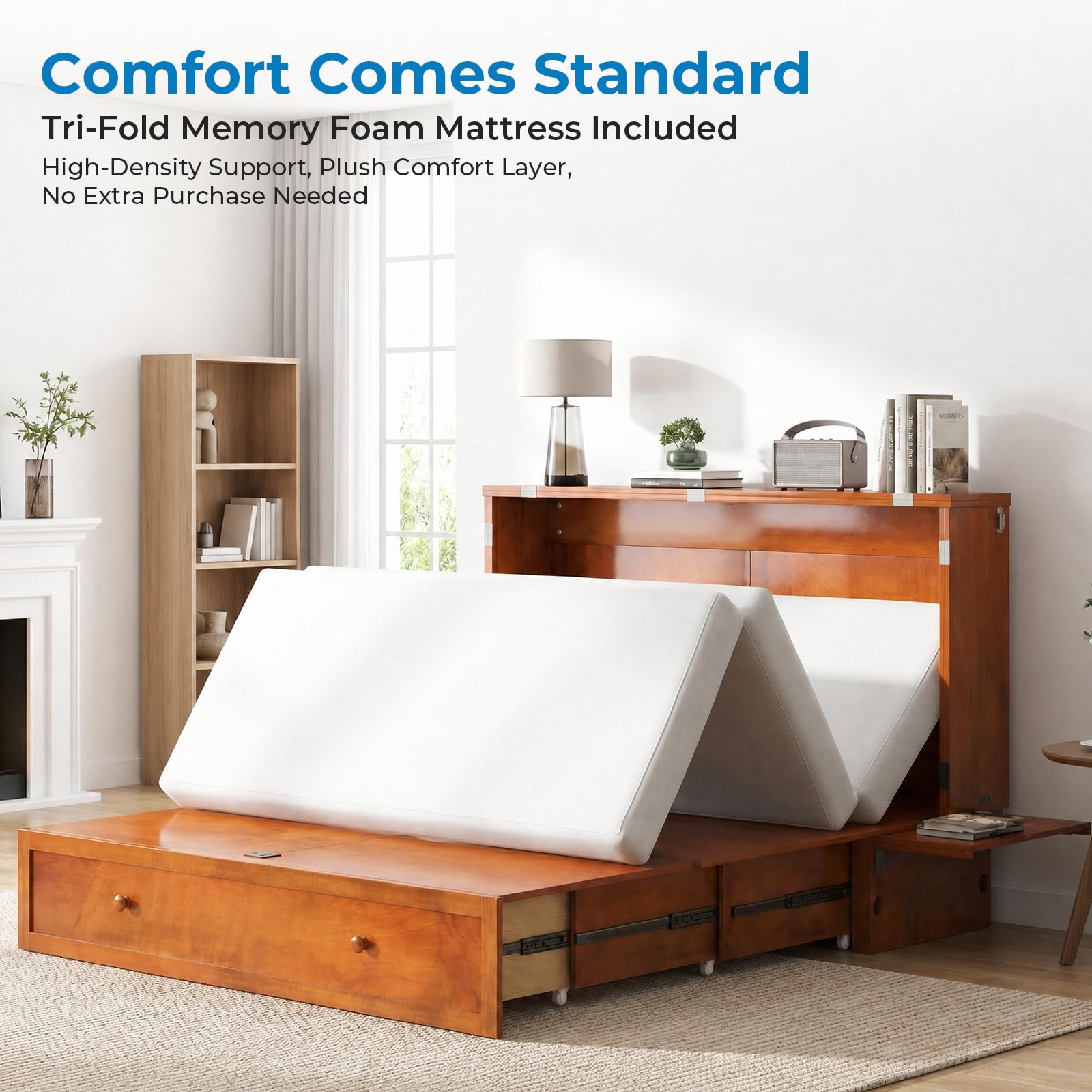 Mjkone 163 CM W Queen Size Murphy Bed with Tri-Folding Mattress, Cherry