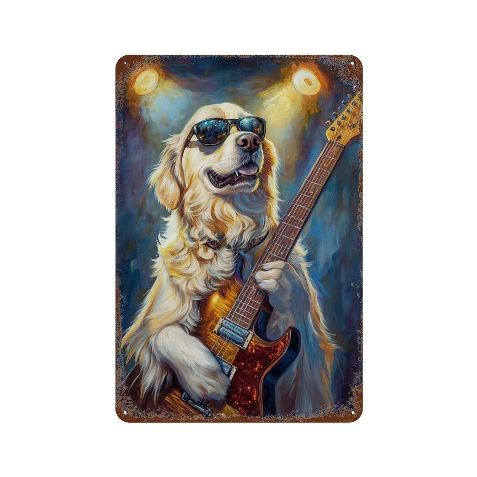 Golden Retriever Rock Star 11.8"x7.9" Vintage Rust Metal Sign, Decorative Metal Wall Art for Bistro, Counter And Cafe Decor