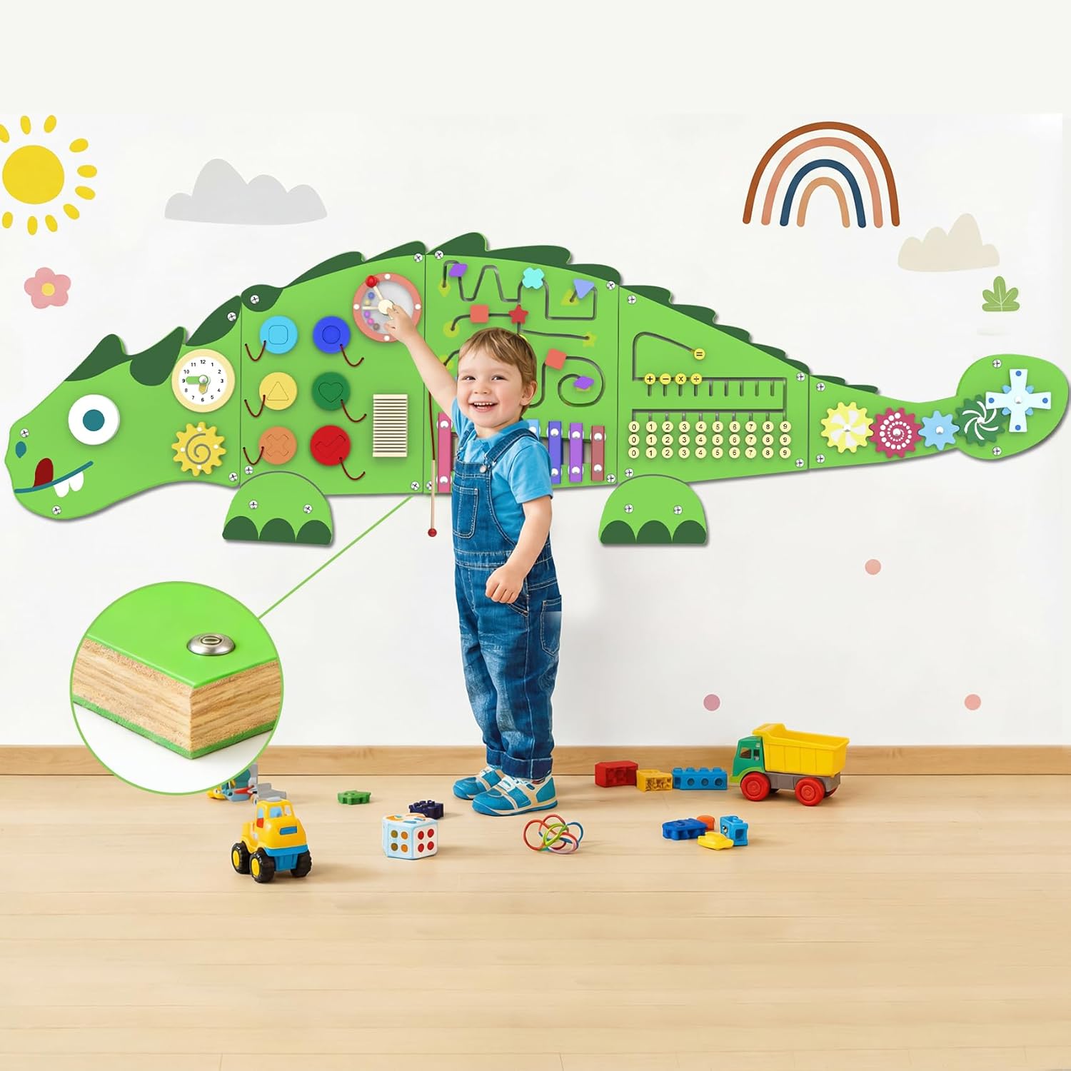 Dinosaur Wall Busy Board for Kids: Wooden Sensory Activity Panel | 9-in-1 Montessori Learning Toys for Fine Motor Skills in Indoor Playroom & Nursery for Toddlers – Easy Install 6 Panels Set