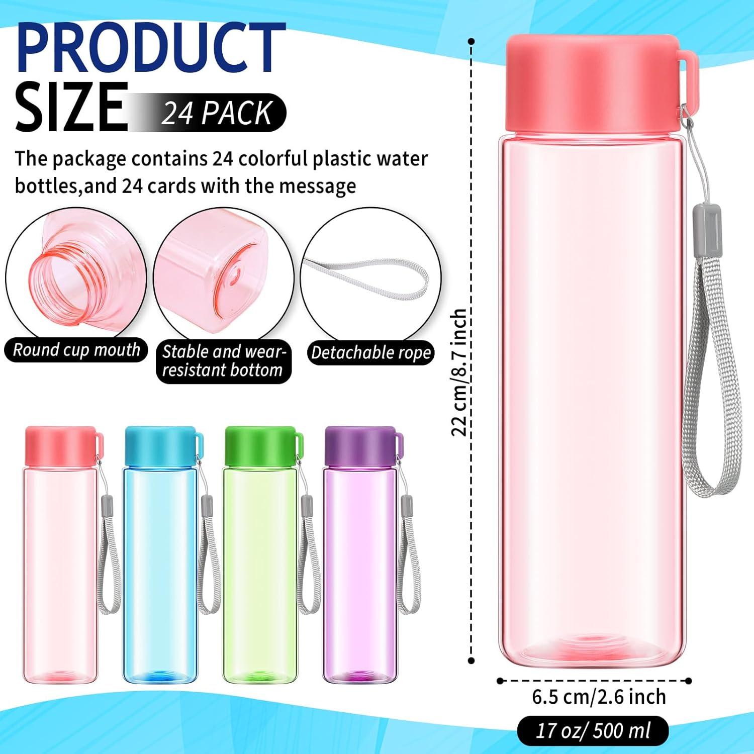 24 Pack Water Bottles for Students 500 ml Portable Sports Water Bottle Kids Student Gifts from Teacher for School Summer Party Classroom Prizes Goodie Bag