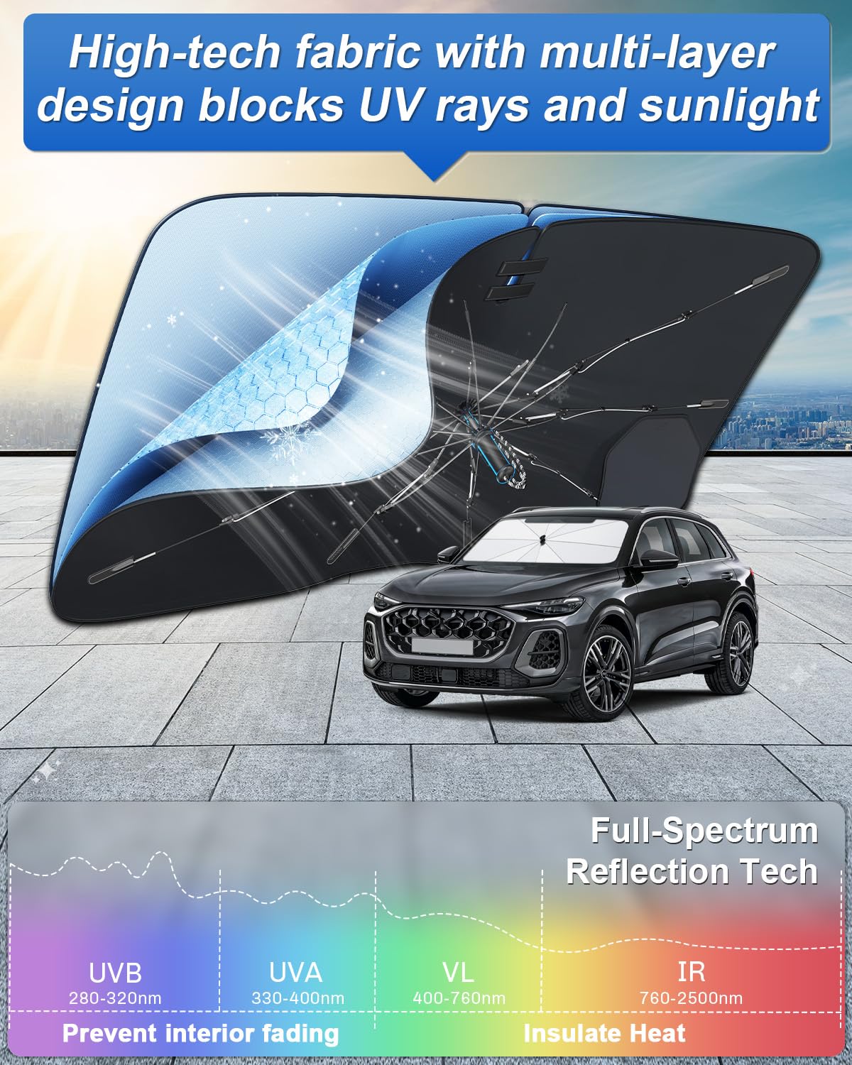 SHAOHAO Compatibile con Audi Q5 S RS 2018-2026 Ombrello parasole per auto Parasole per parabrezza Facile da riporre Maniglia con cordino Protezione UV Accessori parasole
