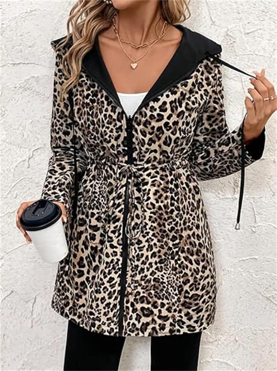 Women's Reversible Hooded Coat with Leopard Print Windbreaker with Pockets Drawstring and Cinched Waist