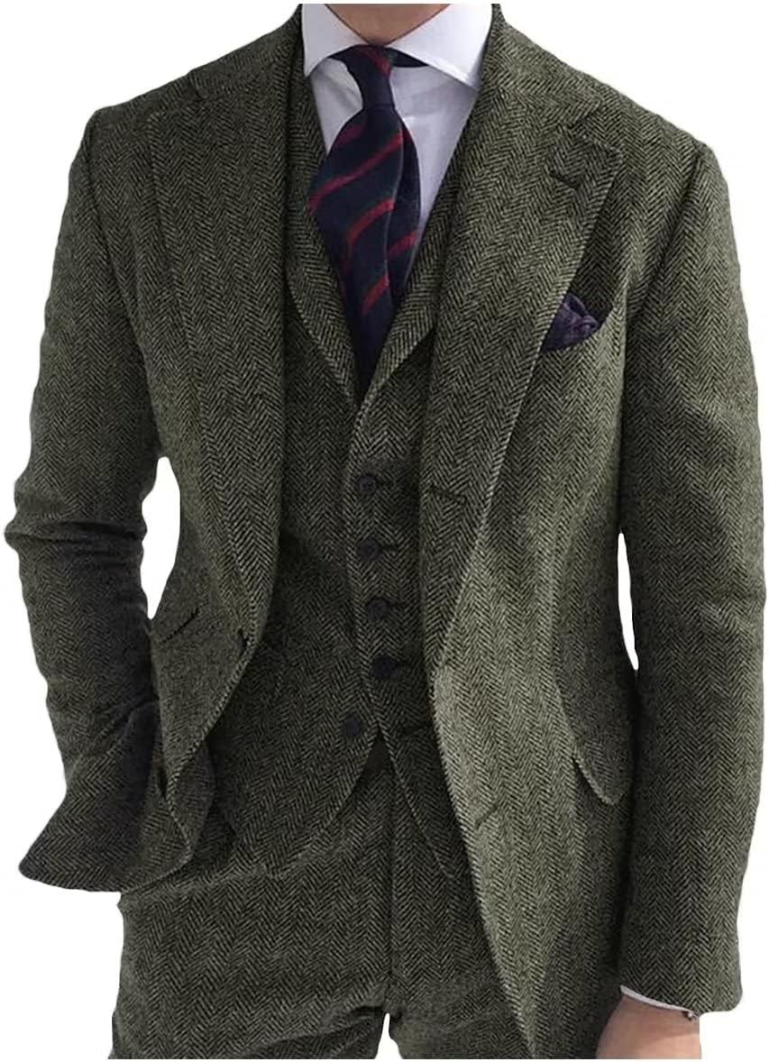 Mens Tweed Suit 3 Piece Slim Fit Vintage Peak Laper Blazer Single Breasted Vest Pants Prom Suits for Men