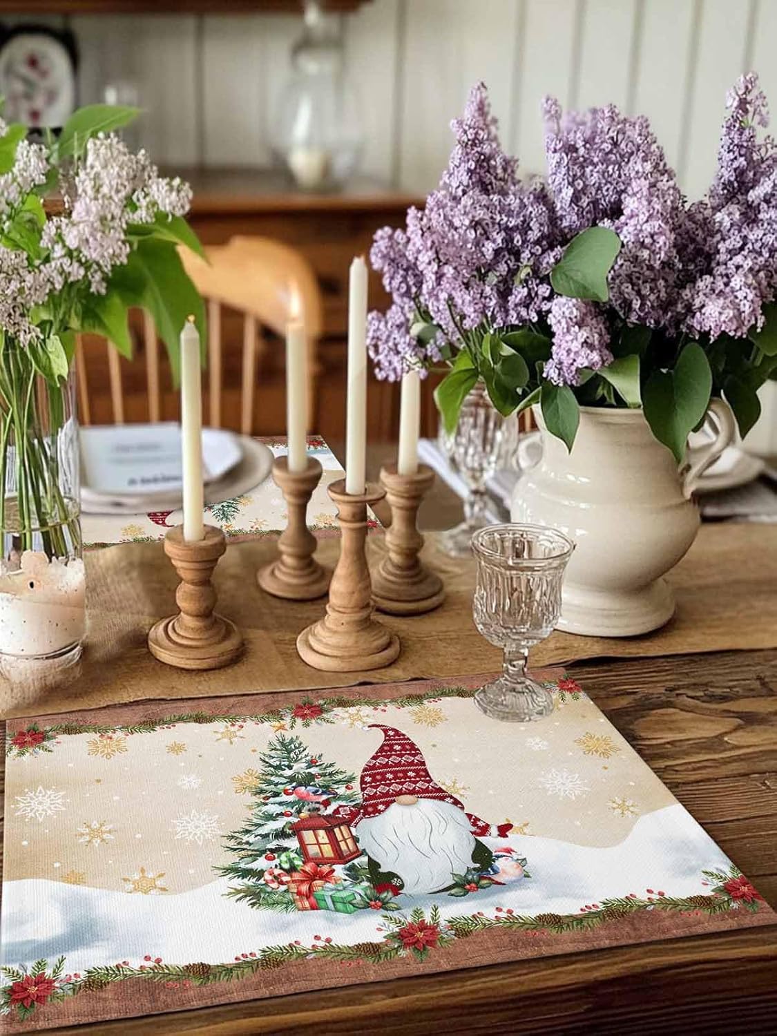 Christmas Table Mats for Dining Kitchen Table,Placemats Set of 6,Santa Claus Cute Gnomes with Pine Tree Snowflake Red Washable Placemat for Outdoor Home Party Office Decor, 13x19 Inch