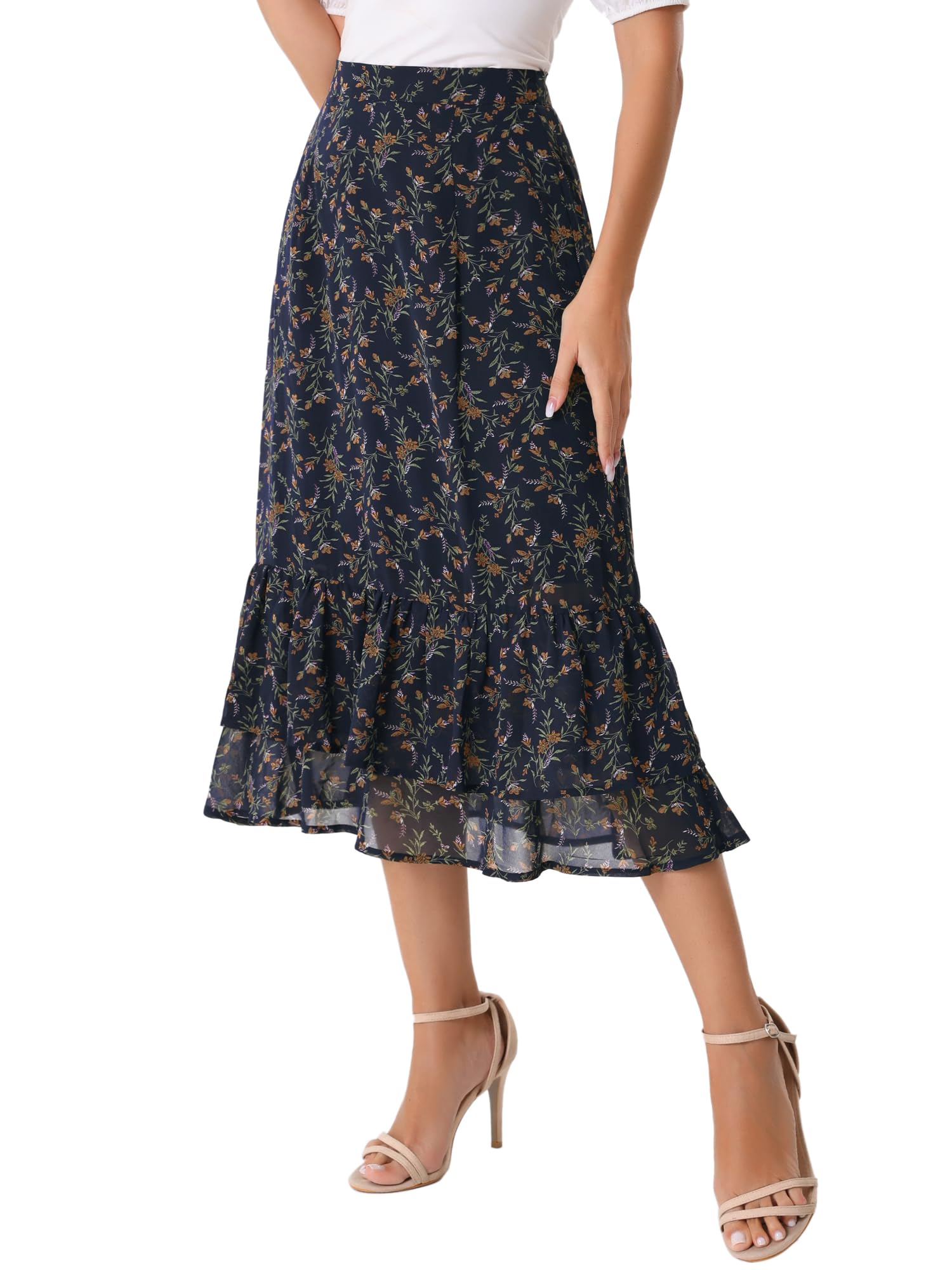 Allegra K Womens Printed Skirt 2025 Weekend Trendy Summer Chiffon Ruffle Tiered Flowy Midi Skirts