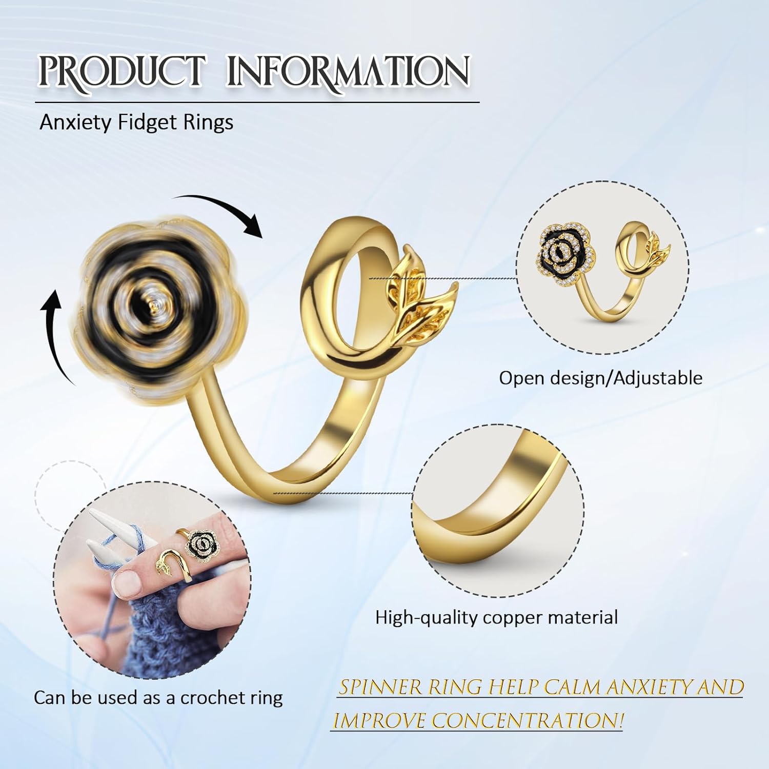 9 Pcs Fidget Rings for Women, Adjustable Spinner Anxiety Ring Set,Open CZ Cat Flower Star Moon Relief Spinning Rings for Adults - Image 2