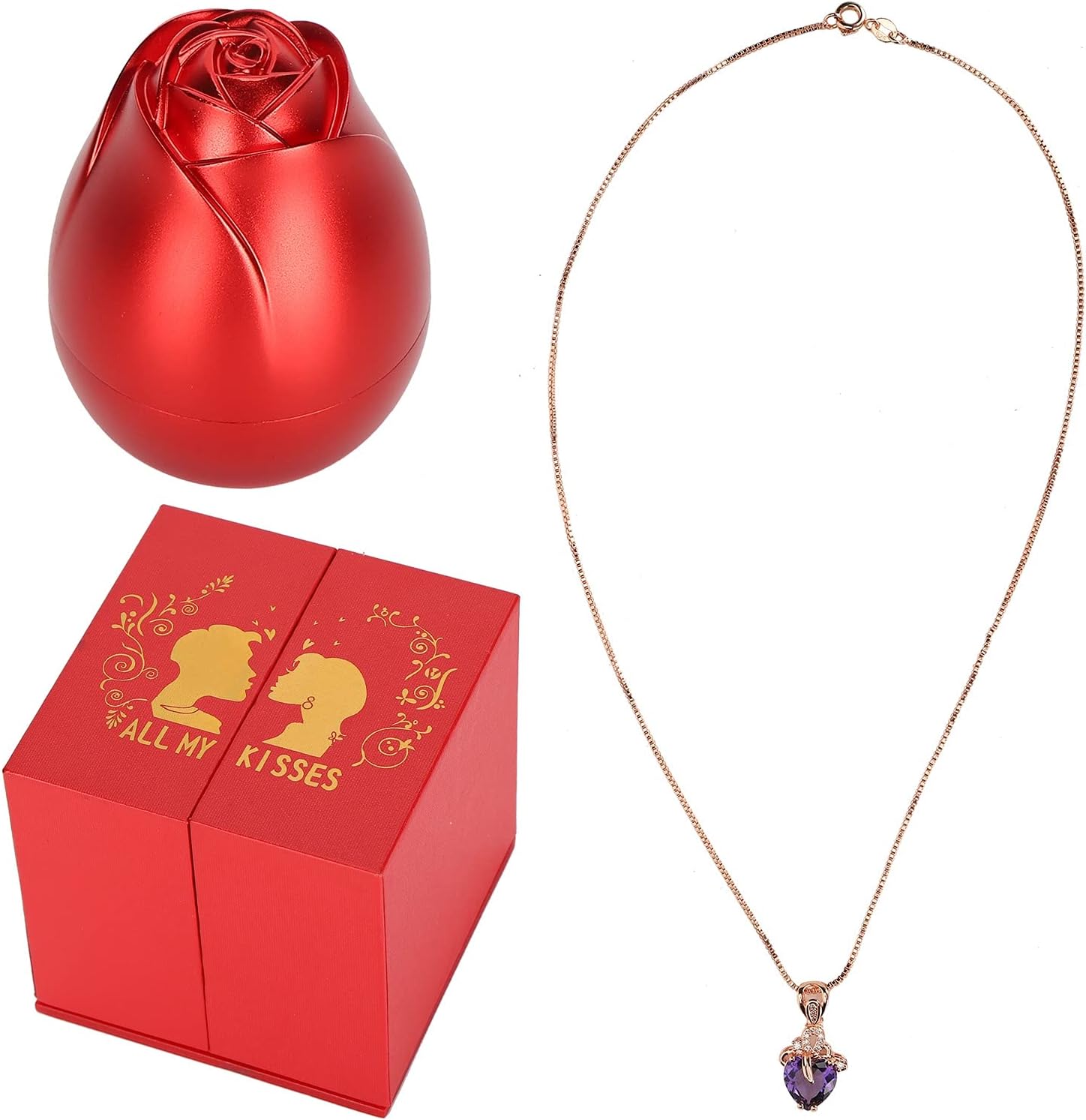 Jewelry Necklace Box, Rose Jewelry Box with Heart Necklace, Rose Flower Necklace Case for Wedding Anniversary Birthday