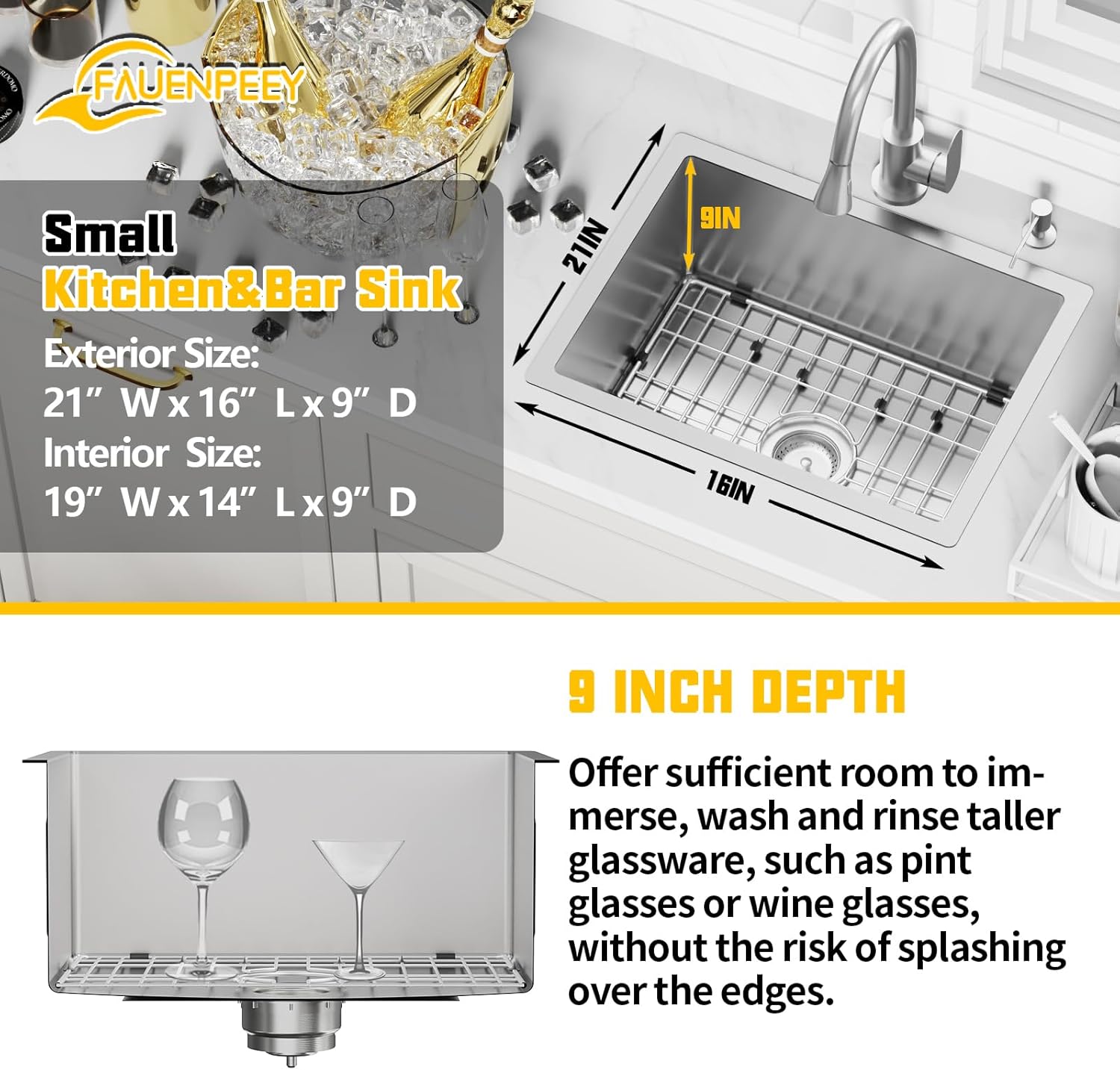 21x16In Stainless Steel Kitchen And Bar Sink - Small Undermount Single Bowl Drop In Staylish Kitchen&Bar Sink Ideal Choice For Small Space, Prep Area, RV With Bottom Grid,Soap Mat And Drain Assembly