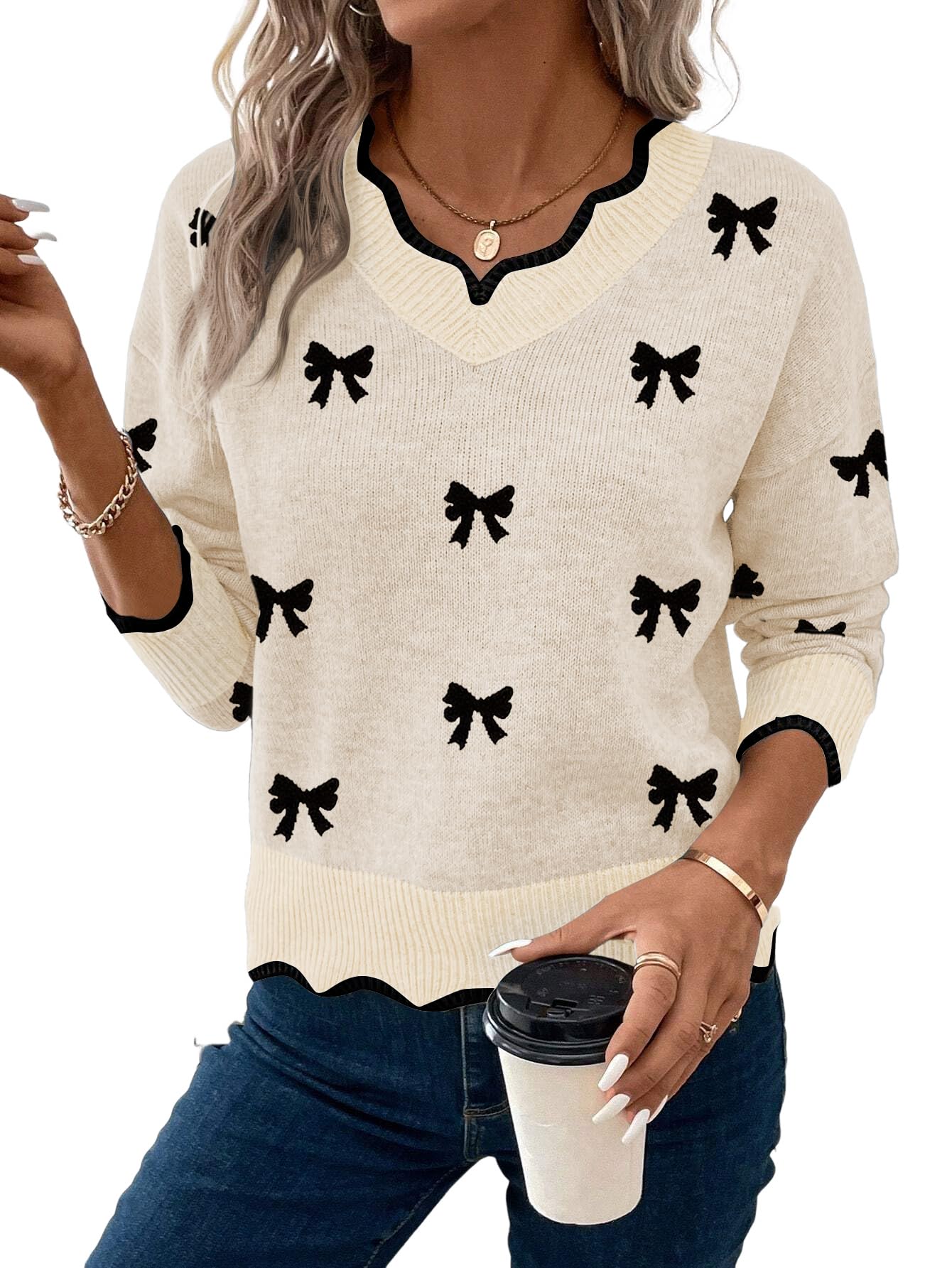 Womens V Neck Pullover Sweaters Long Sleeve Scallop Trim Knit Tops Loosed Fit 2025 Fall Outfits