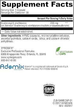 XYMOGEN SAM-e - S-Adenosyl-L-Methionine Supplement for Methylation & Cell Health Support - Gnosis Adomix SS Isomer - Nitrogen-Sealed Vegan Capsules - Gluten-Free & Non-GMO - 30 Capsules