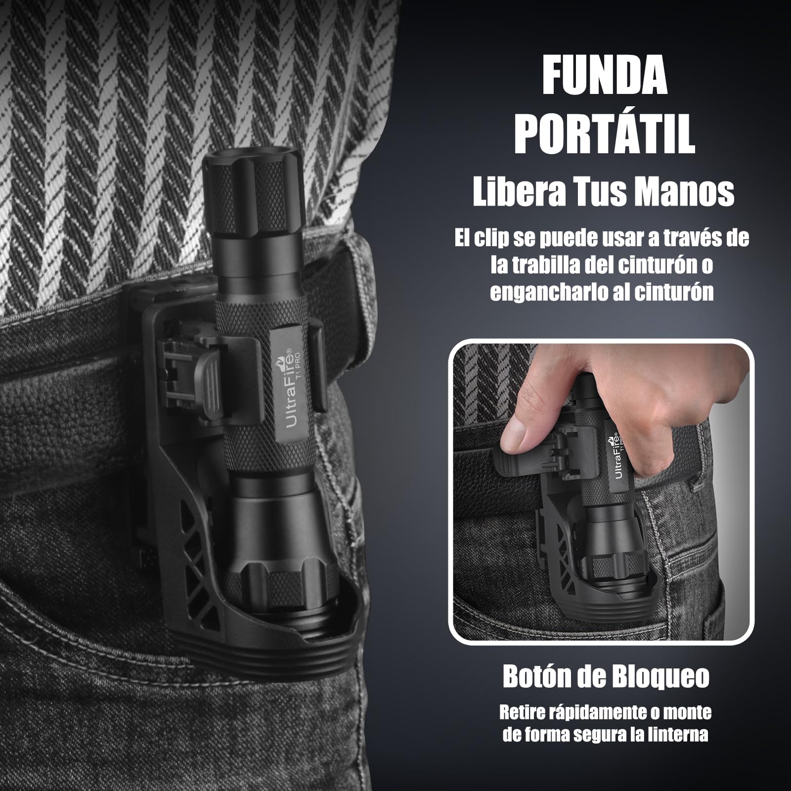 ULTRAFIRE Linterna táctica LED con funda para cinturón, linterna pequeña de 1000 lúmenes, modo único, con soporte para linterna para cinturón de trabajo, linterna de policía para las fuerzas del orden