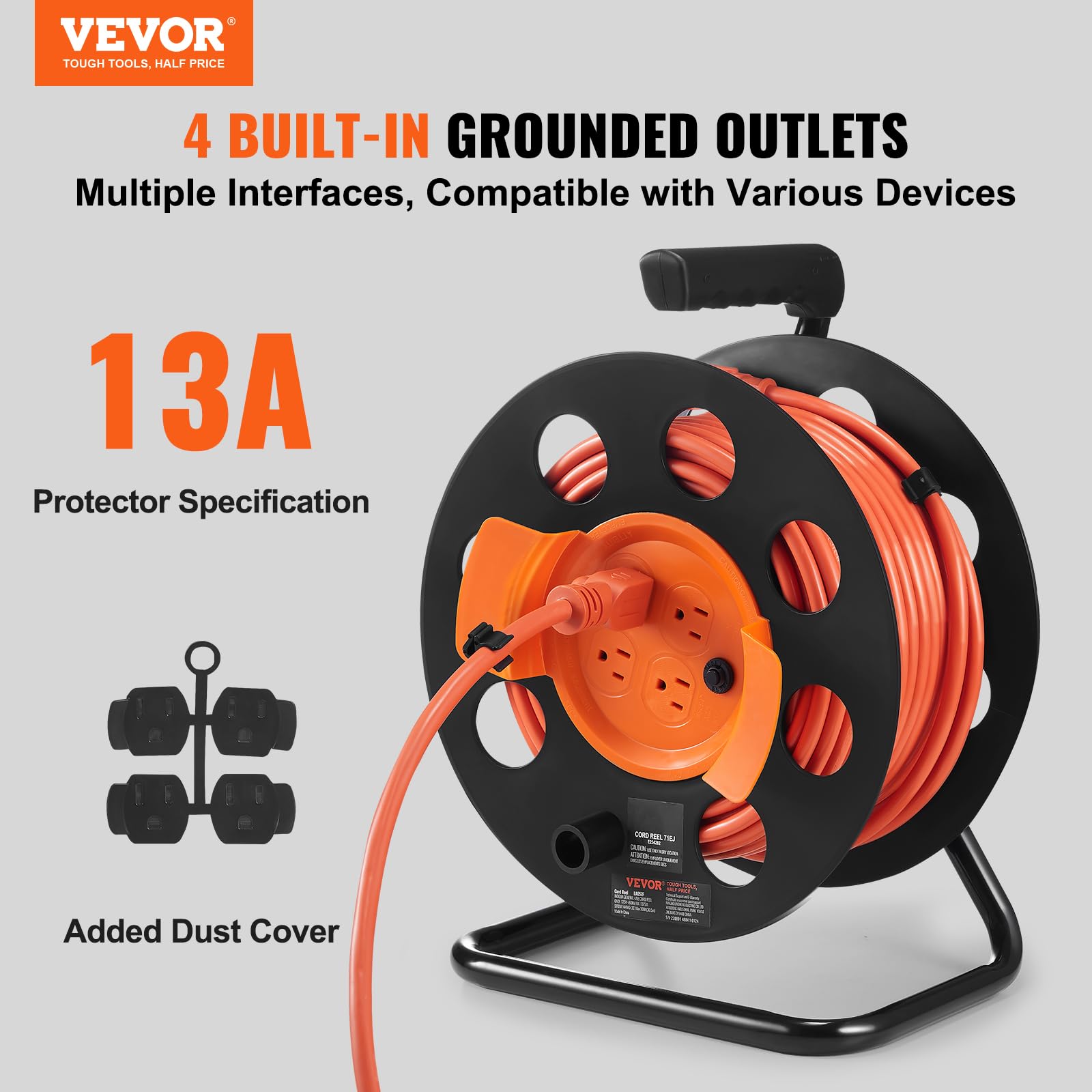 VEVOR 100 FT Retractable Extension Cord Reel with 4 Outlets & Heavy Duty 14AWG SJTOW Power Cord Cable, Portable Handle and Safety Overload Circuit Breaker, for Outdoor Indoor Toolshed Garage Use