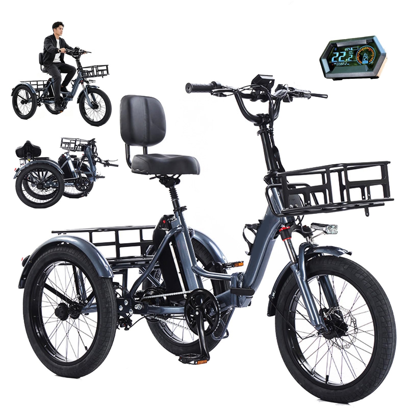 20 Inch Electric Tricycle Foldable 3 Wheel E Bike Tricycle Adult Cargo Electric Trike,Front and Rear Basket, LCD Screen, 48V 13Ah Battery - 45km Range, 200kg Load Capacity, For Elderly, Aldult C