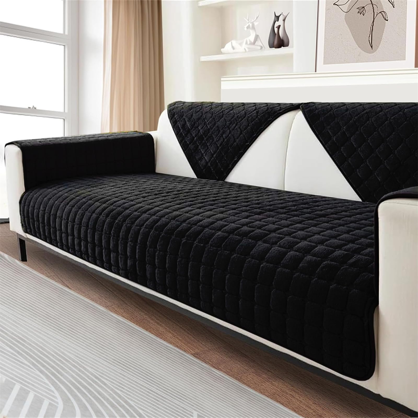 FASCINATDECO Soft Flannel Sofa Covers, Sofa Cushion Covers, Non-Slip Sofa Cover 1 2 3 Seater Couch Covers for Sectional Sofa, Sofa Slipcovers L Shape Furniture Protector (Black, 90x160cm)