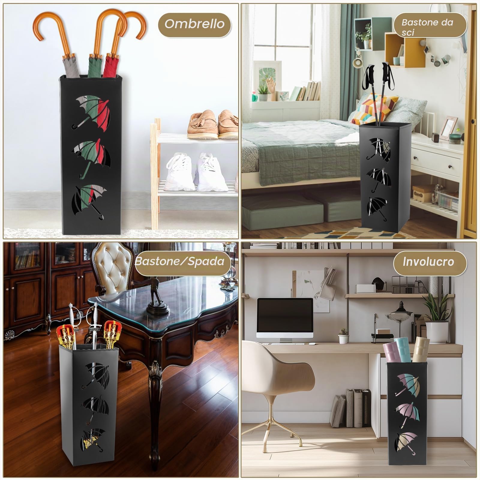 Portaombrelli Design Moderno Portaombrelli in Metallo Impermeabile e Antiruggine Porta Ombrelli per Esterno/Interno Design per Casa Ufficio Corridoio Ingresso 42x16x16 cm(Nero)