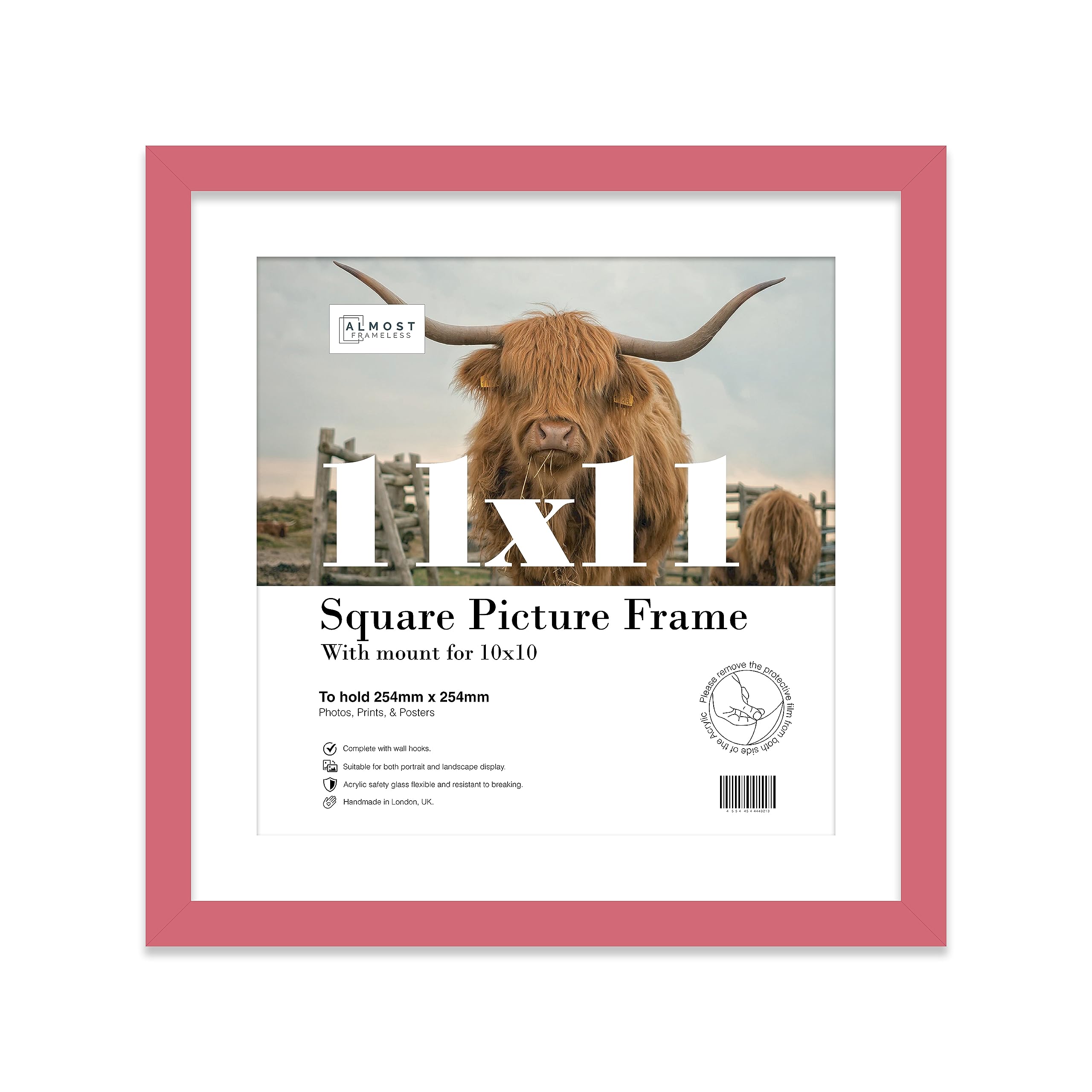 Almost Frameless 11x11 Picture Frame, Display Pictures 10x10 With Mat or 11x11 Without Mat, Wall Hanging Photo Frame, Pink, 1 Pack