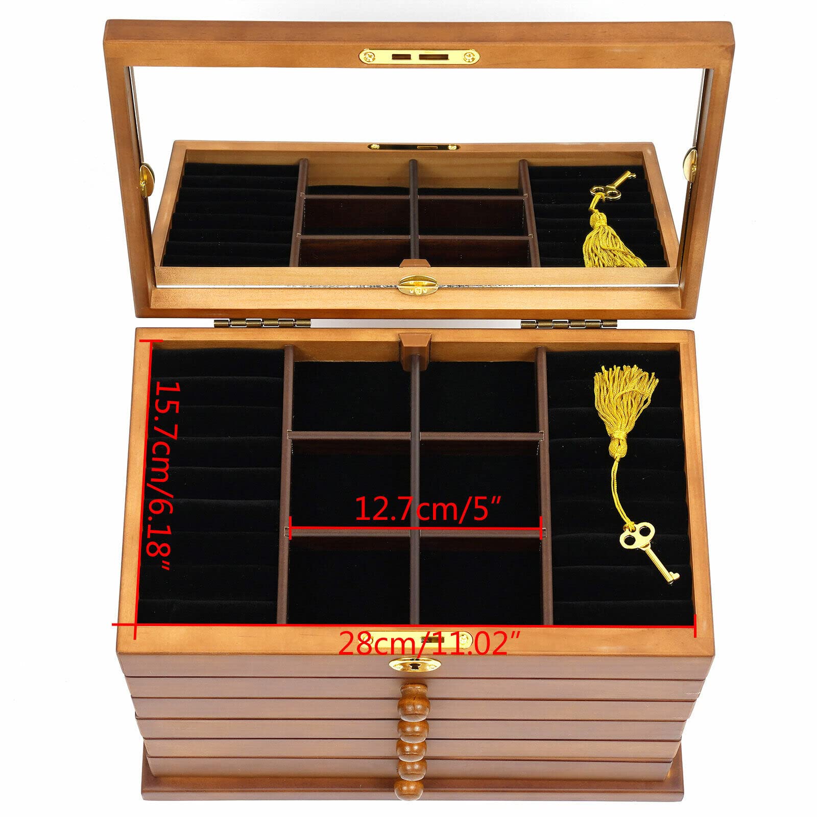Joyero de 6 capas, caja de almacenamiento para joyas, caja de madera con espejo, cerradura de teclas, caja de almacenamiento para colgantes, pulseras, collares, anillos