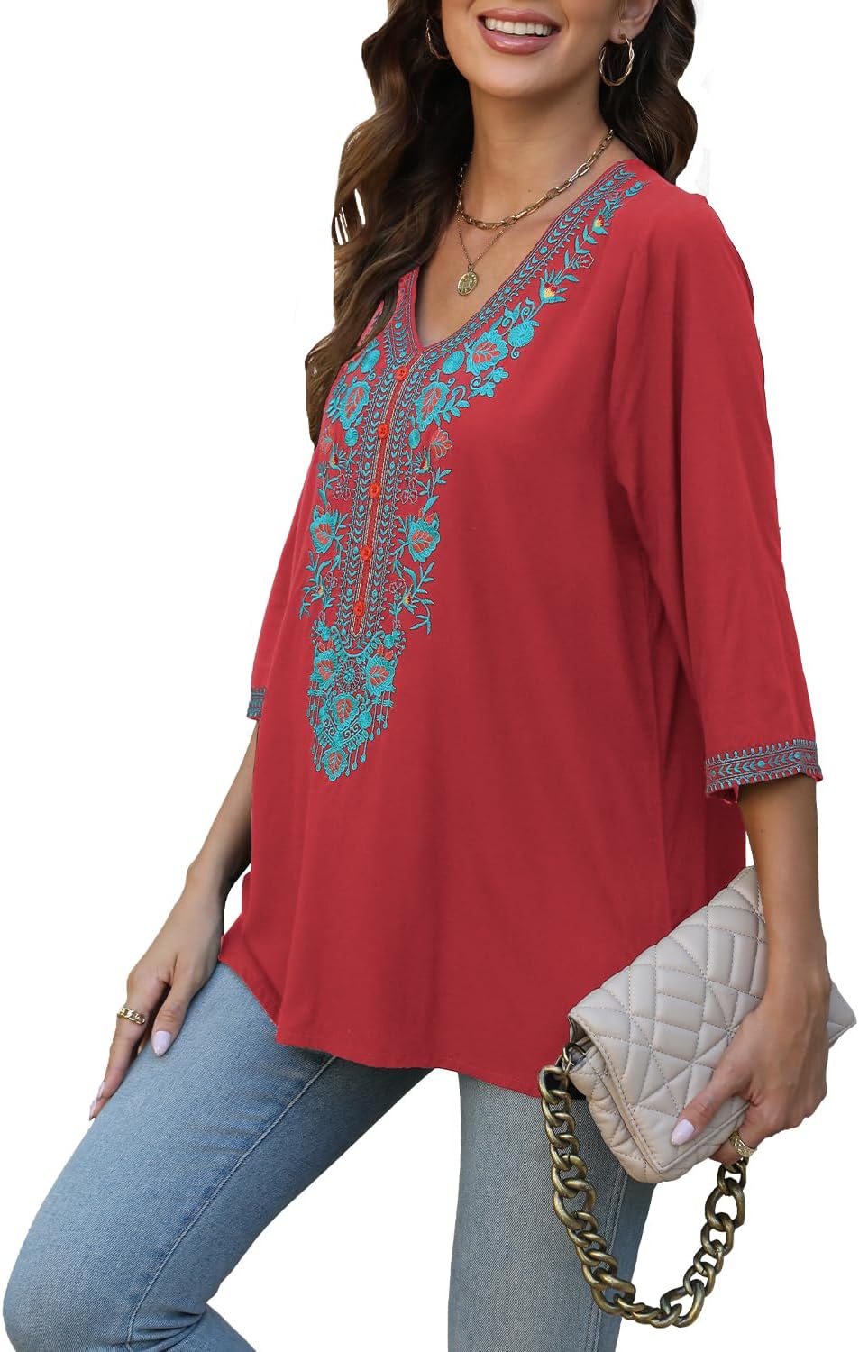 AK Embroidered Tops for Women 3/4 Sleeve Traditional Mexican Shirts V Neck Boho Floral Peasant Tops Loose Tunic Blouses - Image 3