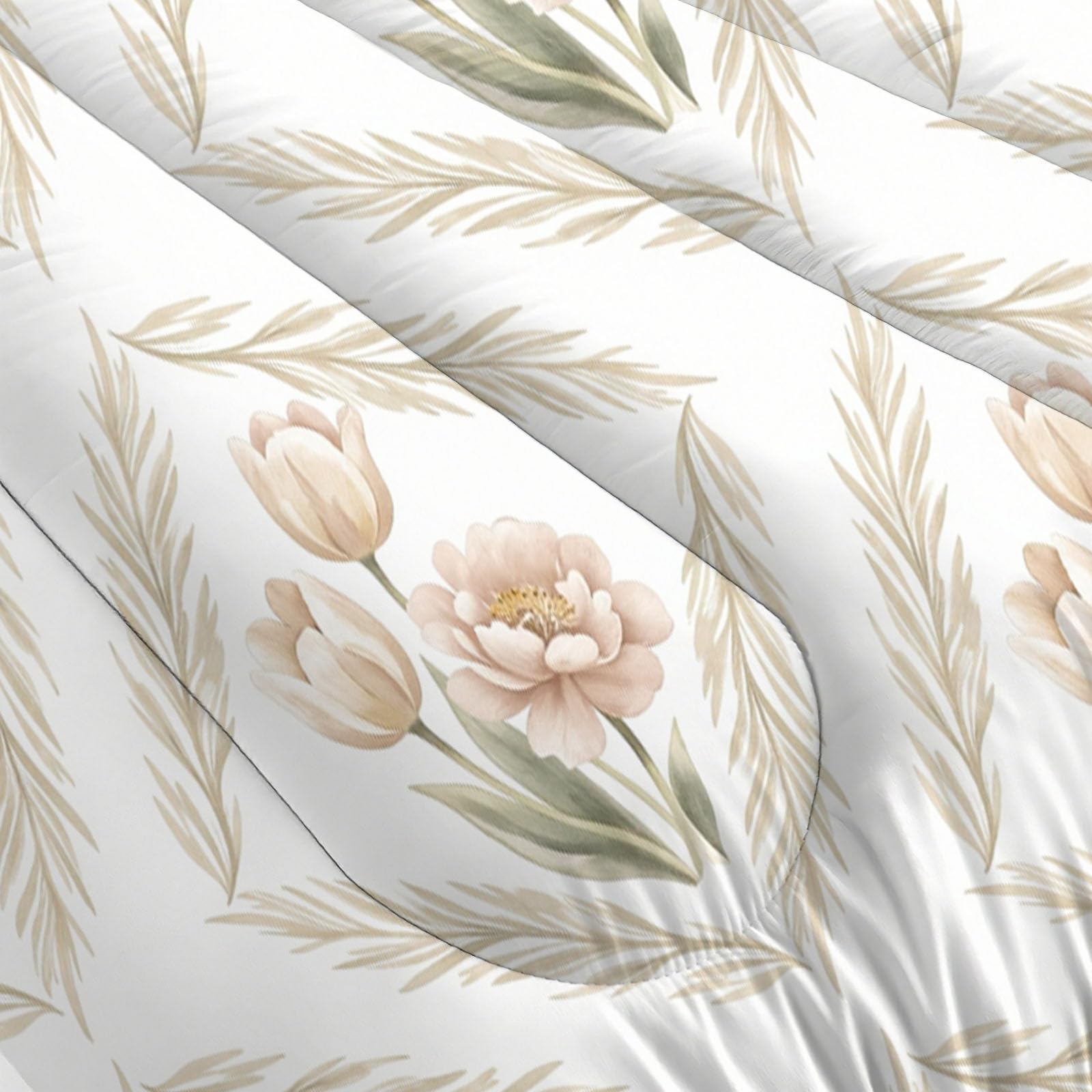Edredón Invierno Cama 90 Tulipanes del Campo Rombo Vegetal Simple | Edredon Nordico Sin Funda Invierno Reversible Acolchado, Ligera Respirable Manta De Suave, Blanco, 140X200Cm