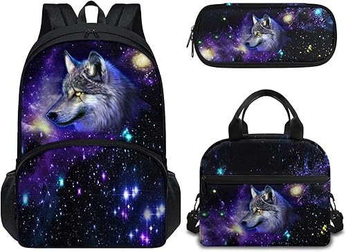Dreaweet Galaxy Wolf Preschool Bag Set Backpack Lunchbag with Pencil Case 3 in 1 School Bags Bookbag Lunch Shoulder Bag Pen Holder Set