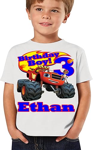 Custom Birthday Shirt Machines Add Name and Age Family Blaze Birthday Shirt Custom Boy Shirts Monster White