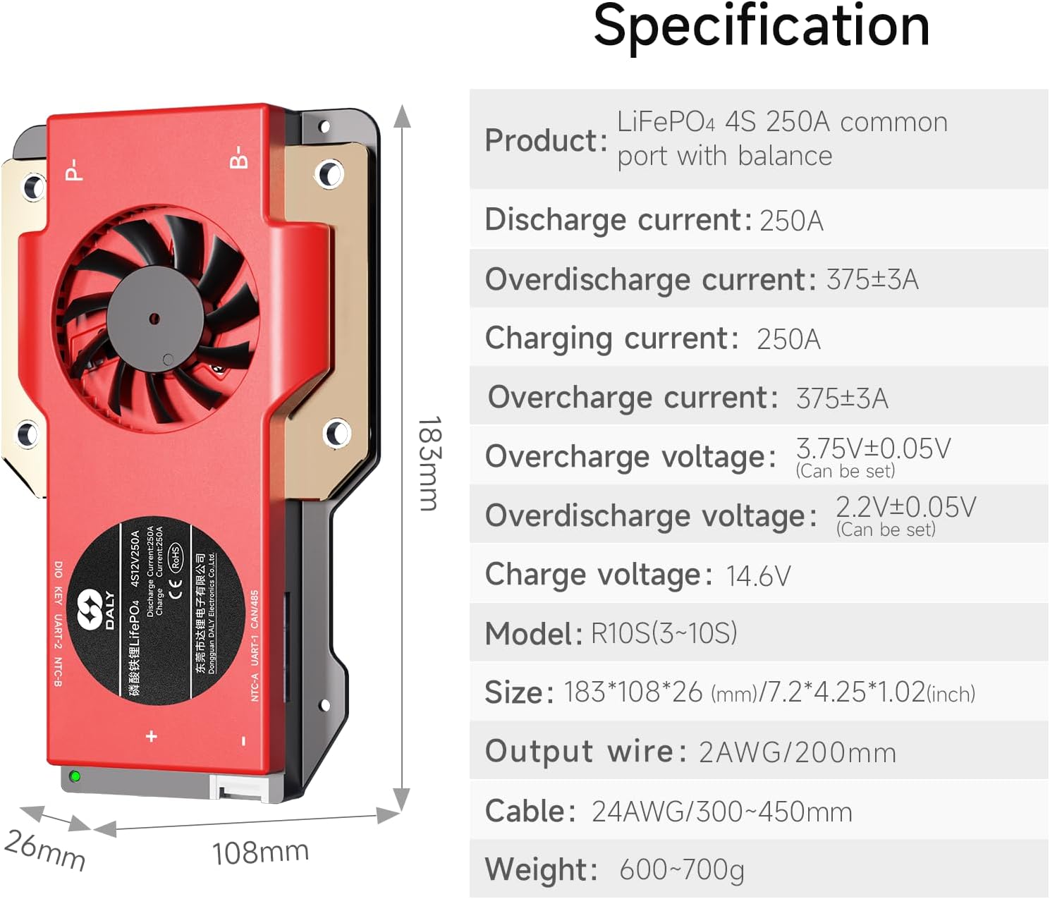 Detailed specifications table for the DALY Smart BMS, showing dimensions, current ratings, and voltage parameters.
