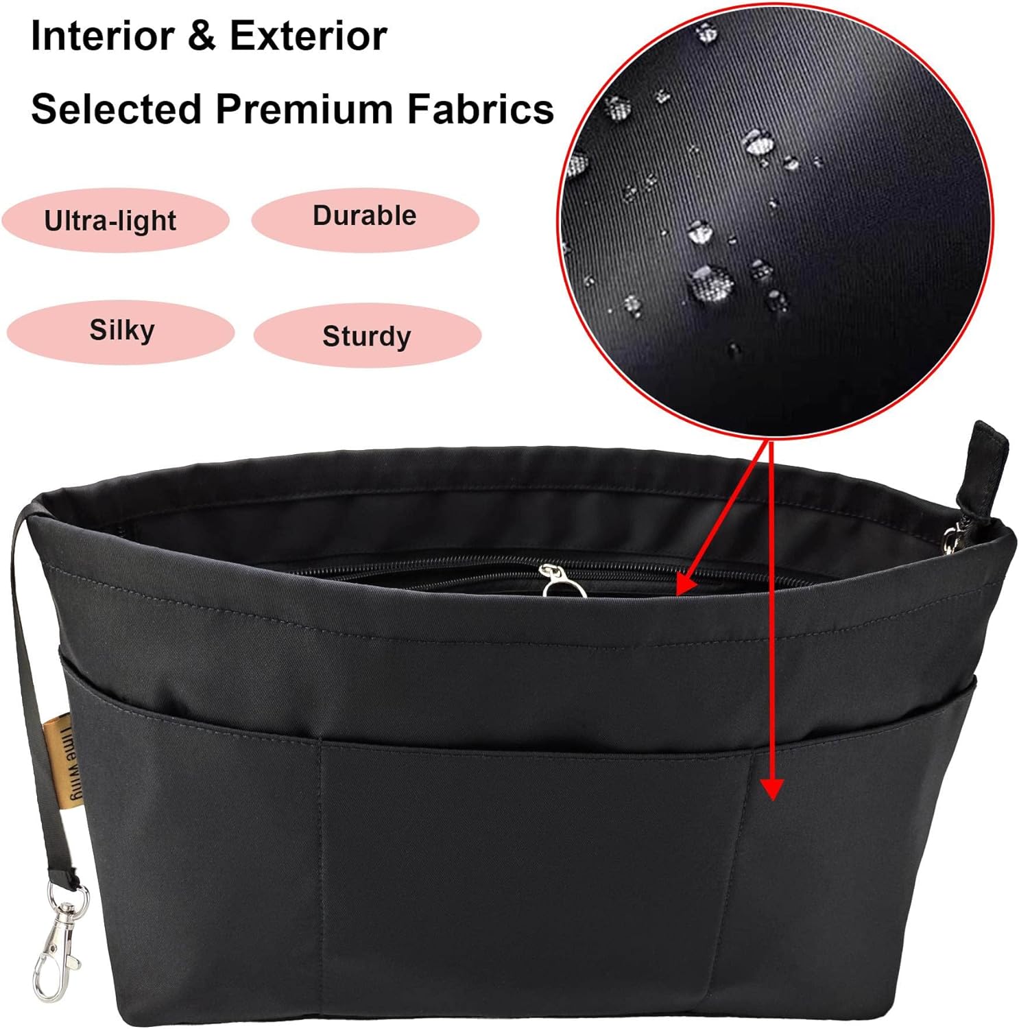 Time Wing Purse Organizer Insert Tote Handbag Organizer Divider Bag in Bag Shaper Liner Multi Pockets Compartments Zippers Key Chain X Large Black