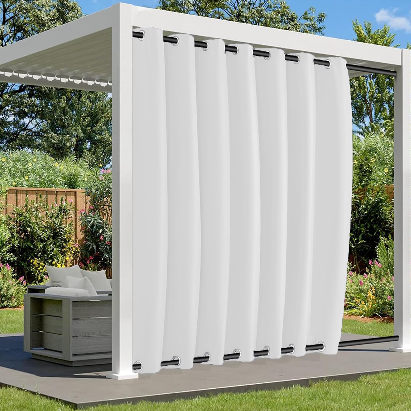 BliRiki Waterproof Outdoor Curtains for Patio, Weatherproof Blackout Curtain with Top and Bottom Grommets, Thermal Insulated Privacy Outsides Curtain for Porch Pergola, 1 Panel, W84 xH96, White