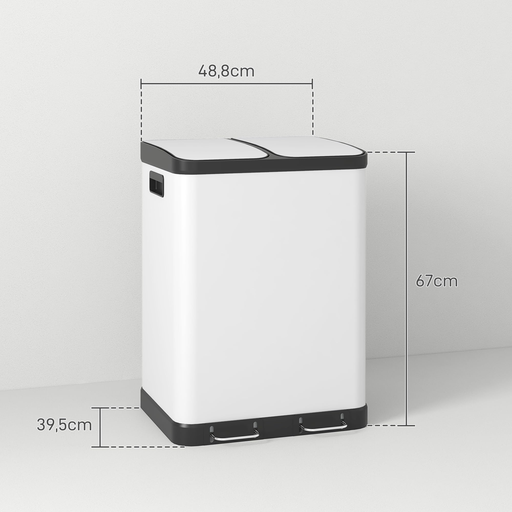 HOMCOM Mülltrennsystem 2 x 30L mit 2 Fächern Softclose-Deckel Metall Weiß | Mülleimer Küche, Abfalleimer Treteimer, Herausnehmbare Inneneimer