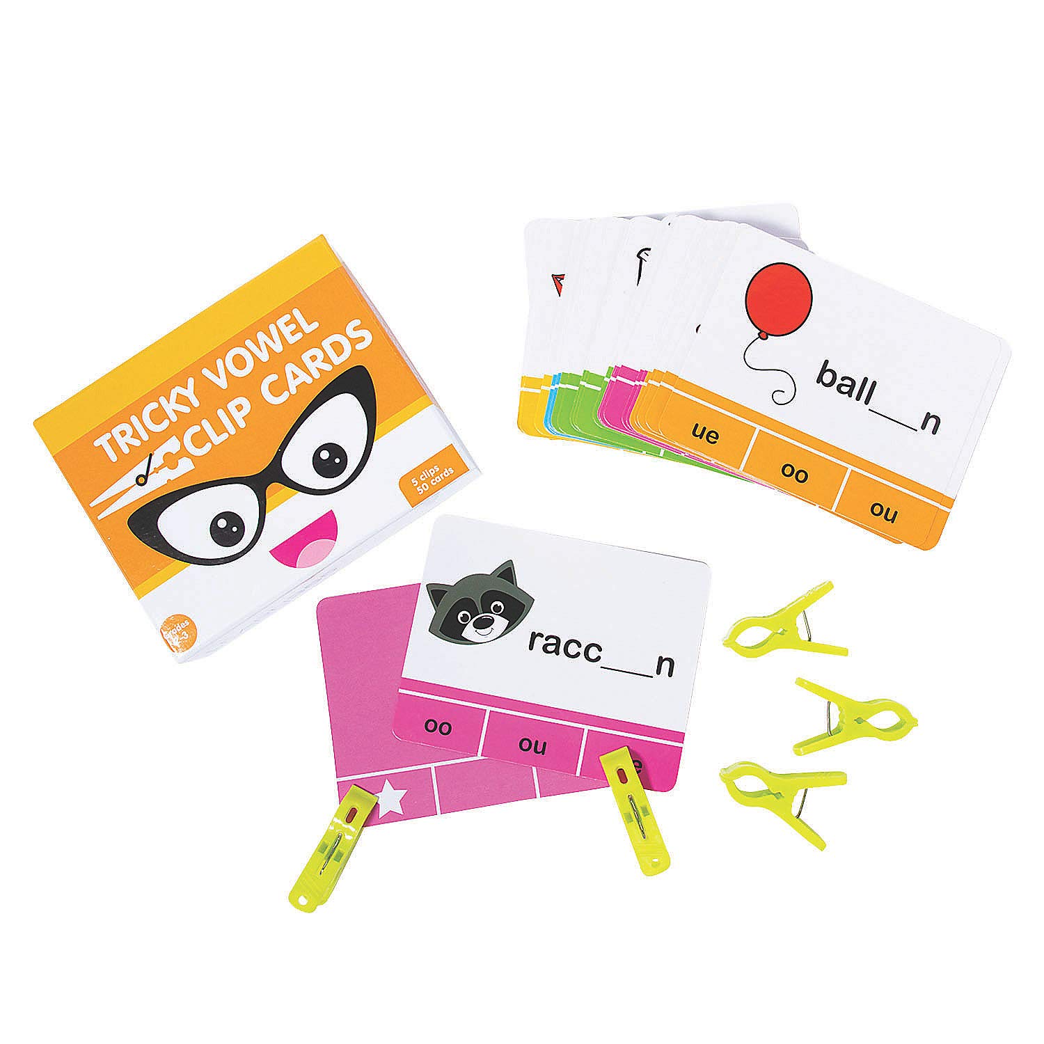 Fun Express Tricky Vowel Clip Cards - 56 Pieces - Educational and Learning Activities for Kids