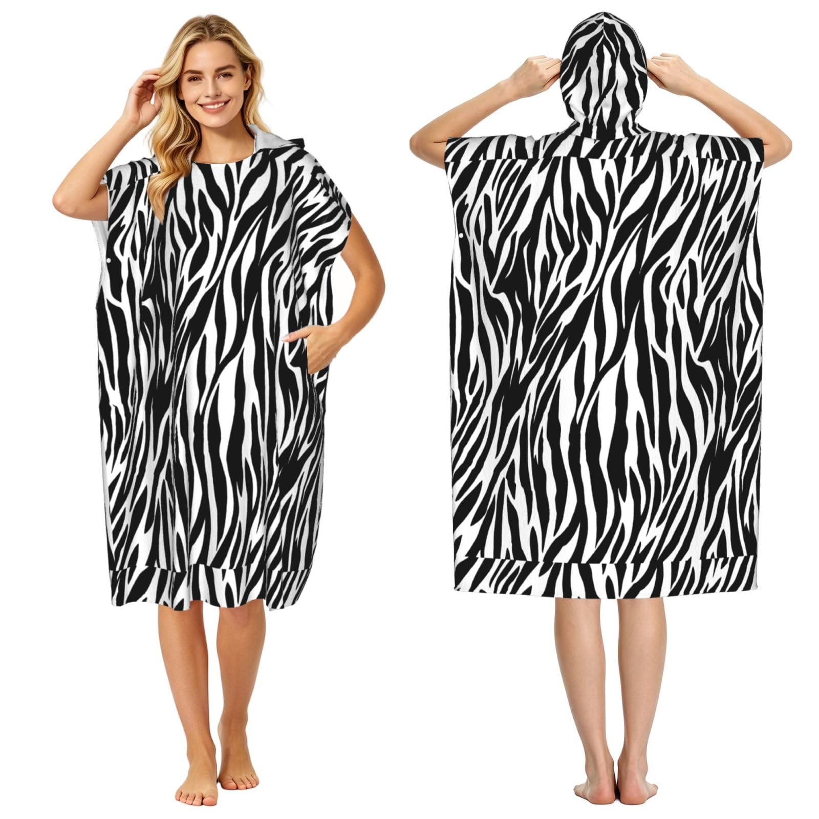 Poadnly Zebra Print, Adult Hooded Beach Towel 90 x 110 cm,Changing Bath Robe, Surf Poncho Towel For Women Men