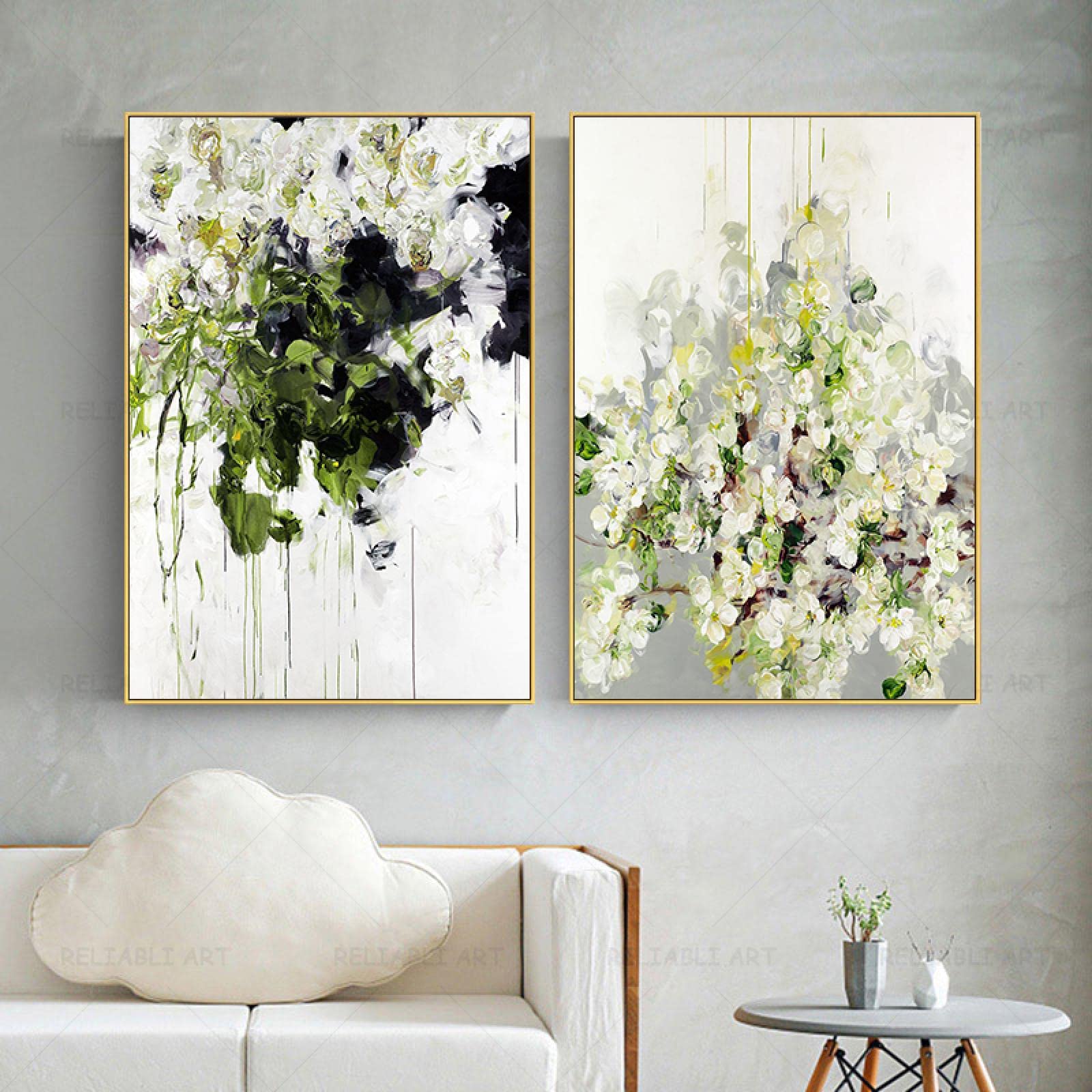 Amazon｜キャンバスに印刷された北欧の抽象絵画緑の花の葉シック