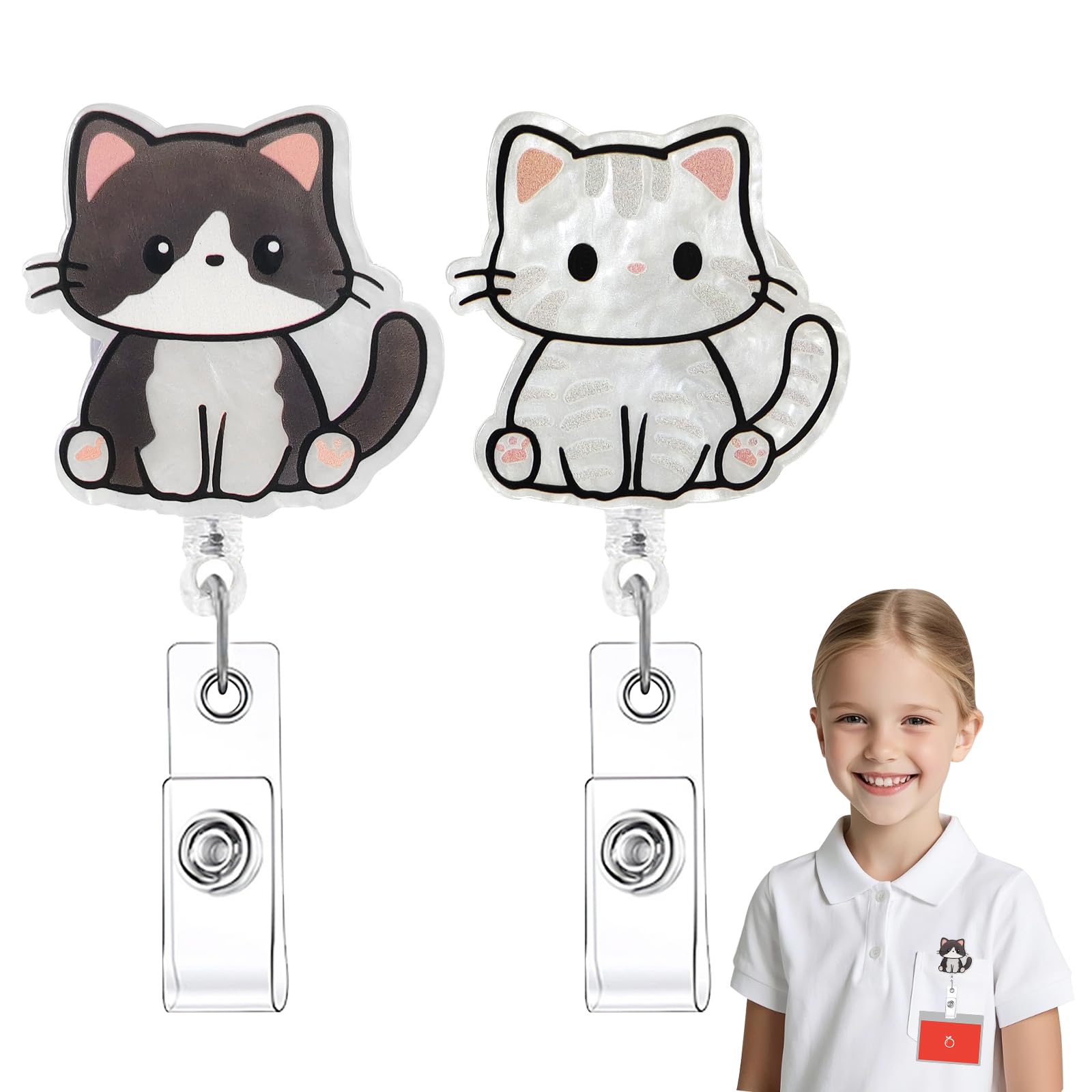 FloraMolly ID Badge Holder Retractable, 2 pcs Cute Cat Badge Reel Acrylic Lanyard Retractable for Kids Student Pediatrician