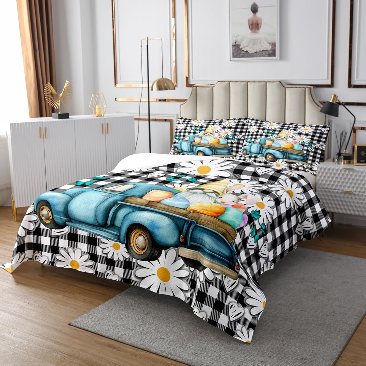 Erosebridal Easter Truck Quilt King Gnome Eggs Bedspread Rabbit Flower Spring Daisy Coverlet for Kids Adults Vintage Black Buffalo Check Bedroom Decor Bedspread Quilt Set