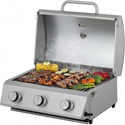 Tarrington House Barbacoa de Gas de Sobremesa Cathan, Acero Inoxidable, 3 Quemadores x 2,2 kW, Termómetro Integrado, Bandeja Recogegrasa, Portatil
