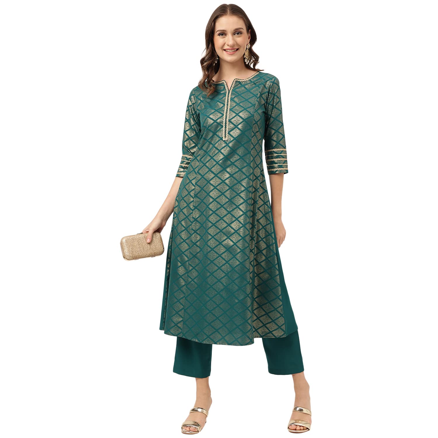 FIORRA Women's Teal Blue Poly Crepe A-line Kurta with Pant