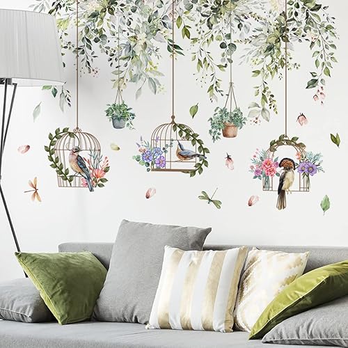 Miniatura 3 de Runtoo Pegatinas de pared de hojas de plantas de jaula de pájaros, calcomanías de pared de vid para colgar en la sala de estar, dormitorio,
