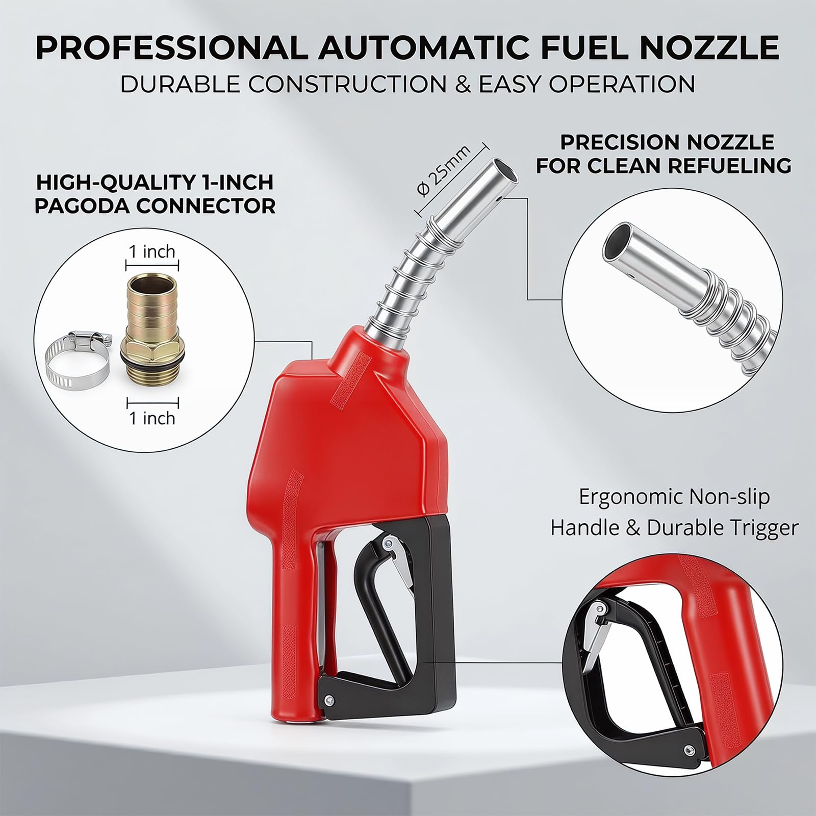 Pistola de combustible diésel automática, 3/4 pulgadas con caudal de 3 marchas, autobloqueo, mango ergonómico, a prueba de fugas, giratorio 360°, para diésel, fuel oil y gasolina