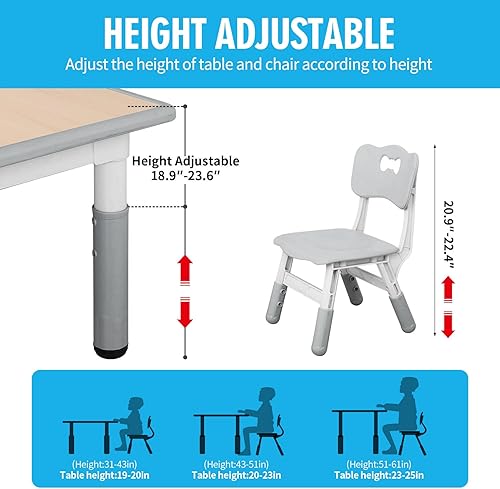 Miniatura 34 de UNICOO - Juego de mesa y sillas de estudio para niños, escritorio de arte infantil de plástico ajustable en altura con 4 asientos, juego de mesa de