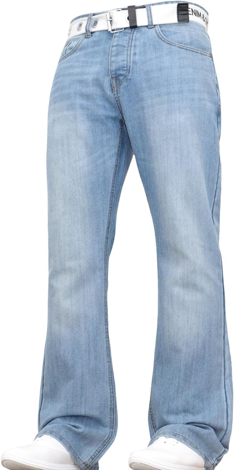 Denim And Dye Men's Wide Leg Bootcut Flared Blue Heavy Denim Jeans with Belt