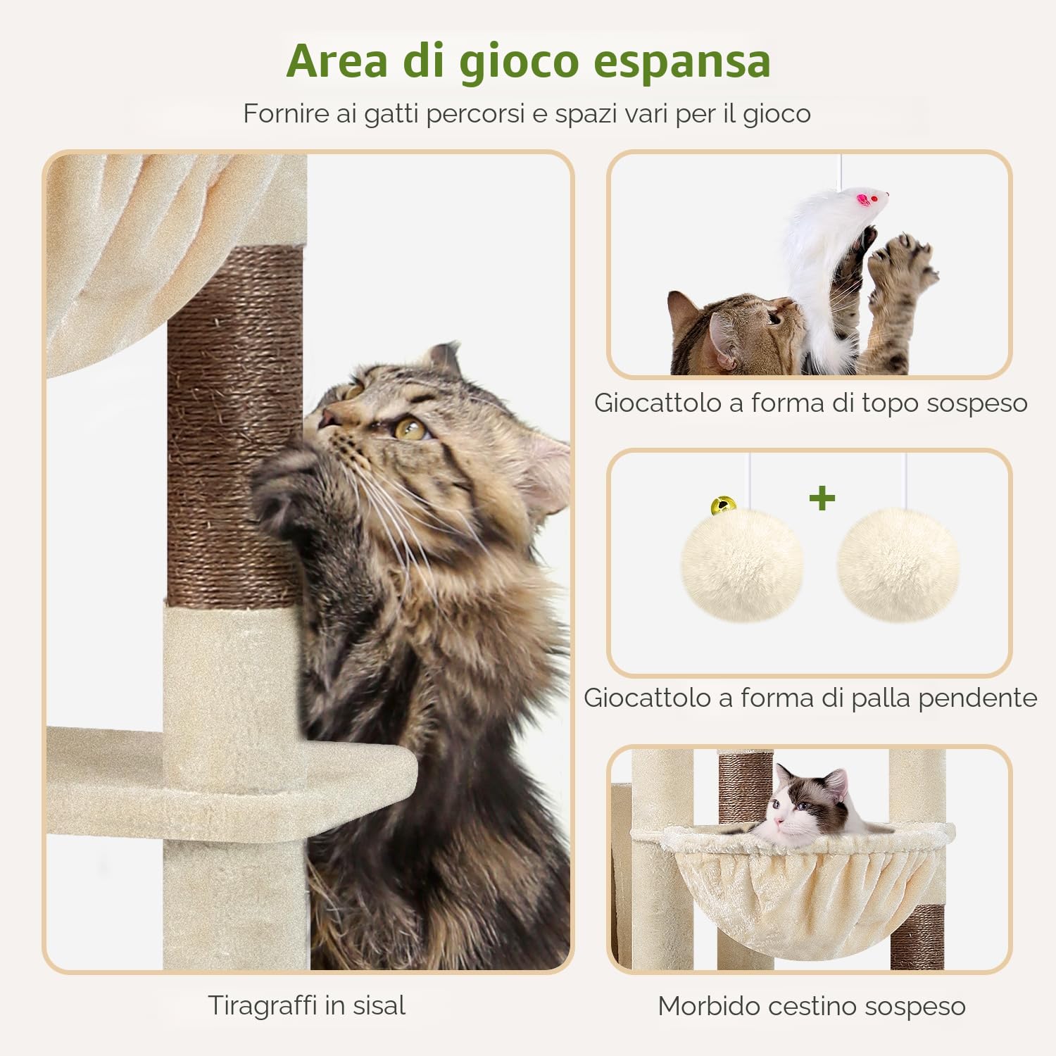Globlazer Tiragraffi Beige XXL per Gatti Adulti Alto 213 cm con Grandi Piattaforma 55cm*45cm, 2 Grotta, Posatoi, Cesto, Albero Tiragraffi Stabile per Multipli Gatti Grandi Interno (F83, Beige)