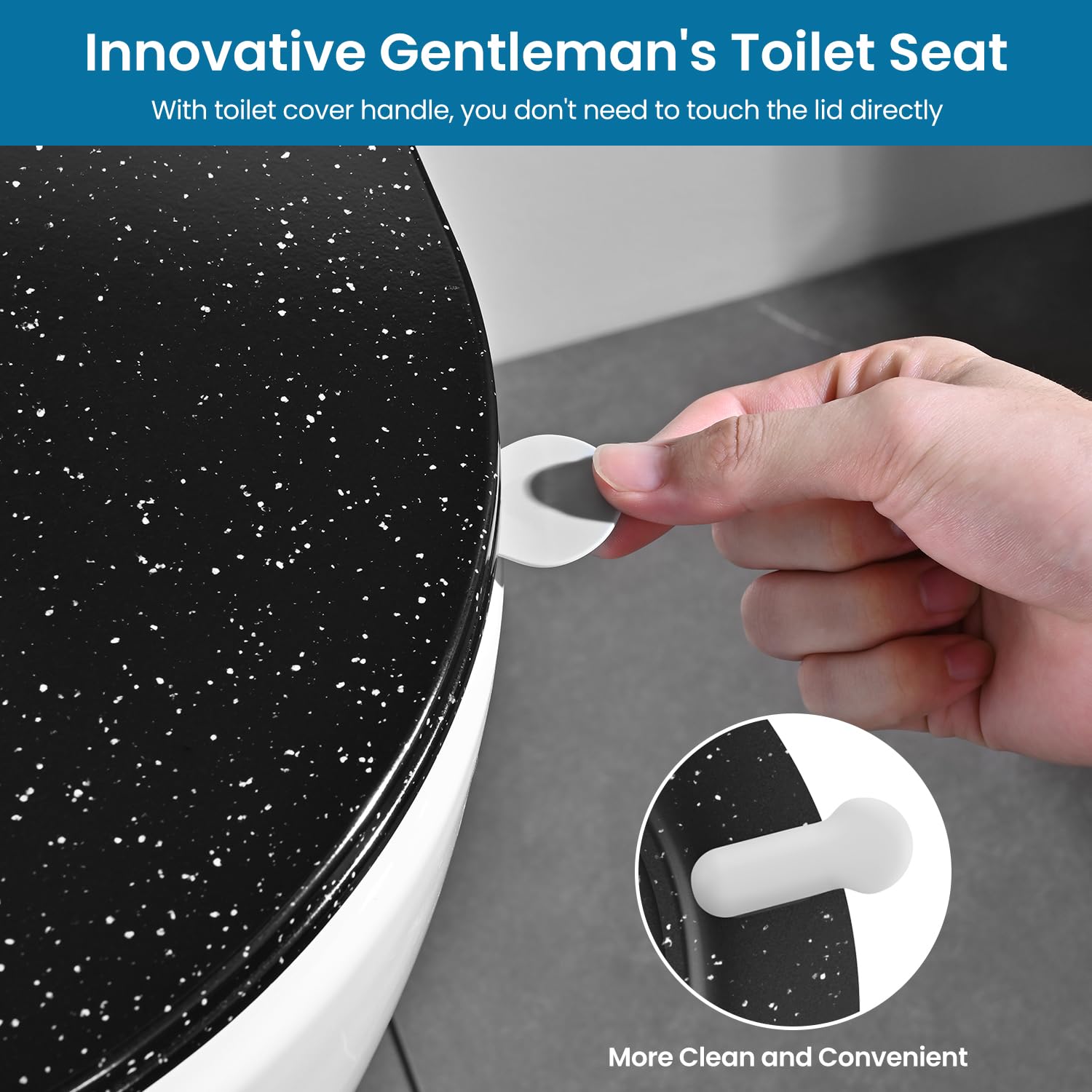 Toilettendeckel mit Absenkautomatik D Form, Slim WC Sitz [KURZ], Klodeckel Duroplast, Klobrille Softclose, WC Deckel mit Schnellverschluss, Toilettensitz Schwarz Marmor, 42.5 x 36.2CM