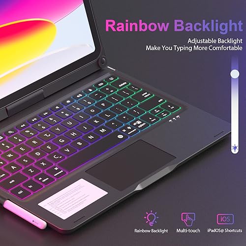 Miniatura 7 de NOKBABO Funda para iPad de 10. generación con teclado, retroiluminación arcoíris, rotación de 360, panel táctil múltiple y soporte para lápices,