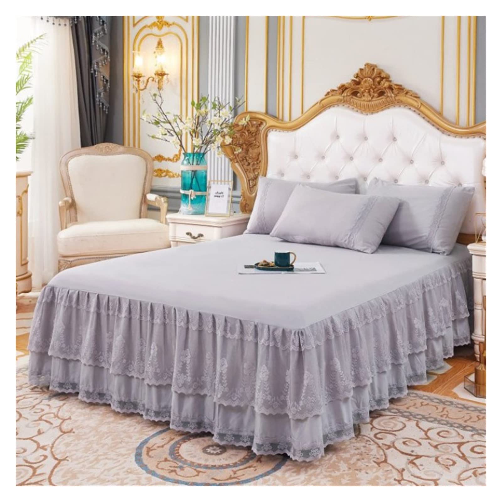 Jupes De Lit À Volants Jupe De Lit en Dentelle Luxe Princesse Fille Couvre-lit Reine King Size Printemps Draps Housse Lit Housse De Matelas Literie Rétro avec Jupe(Light Brown,150x200x45cm)