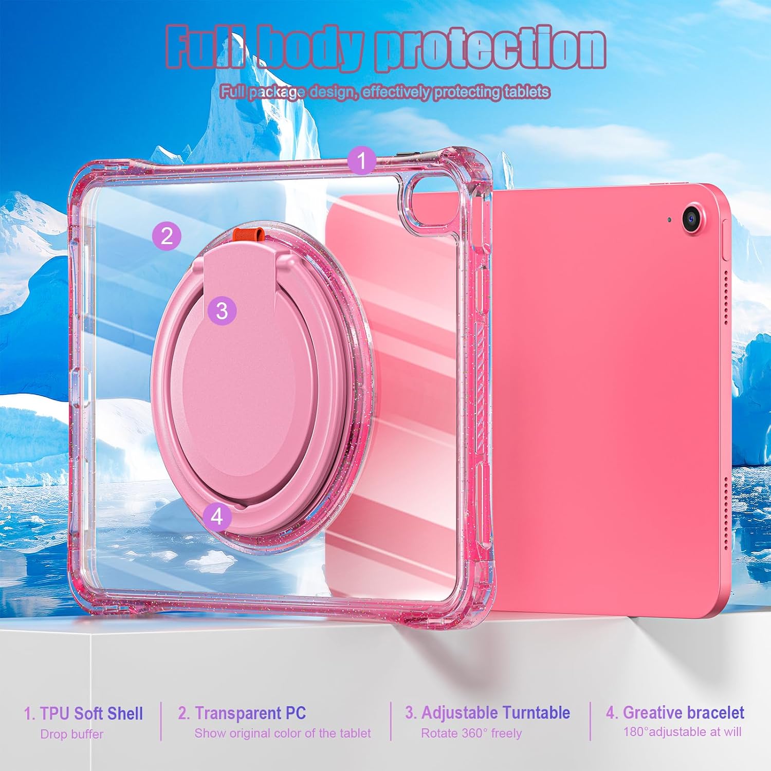 MEEgoodo Case for iPad A16 11th Generation 11 inch 2025, Cover for iPad 10th Generation 2022, Glitter Tablet Cases with Soft TPU & Transparent PC & Rotating Stand for Kids, Pink